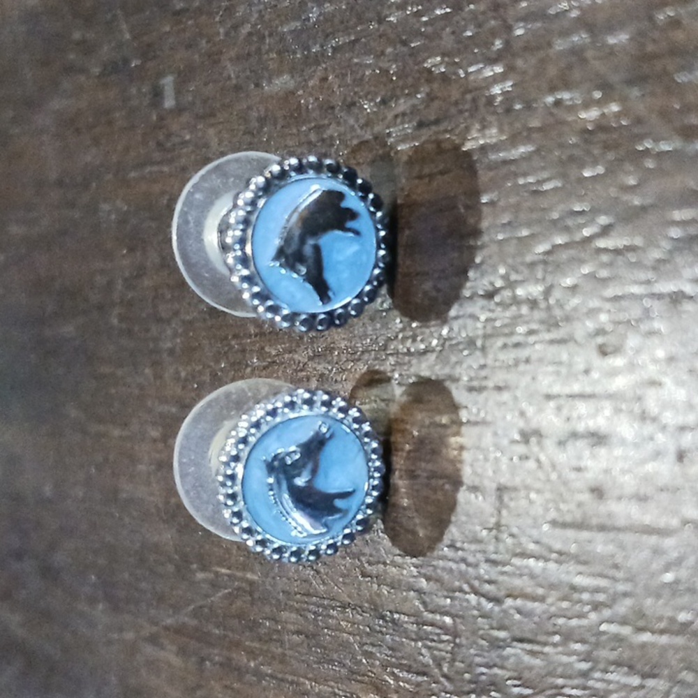 Horse Head Equestrian pierced earrings marked CC1 silver and light blue